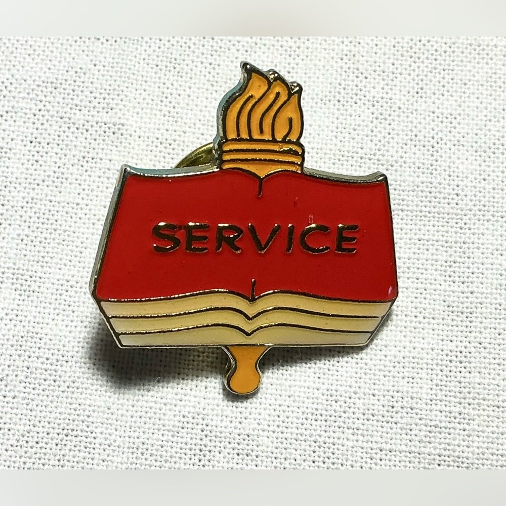 Classic Red & Gold “Service” Pin. Enamel. Open Book w/Torch